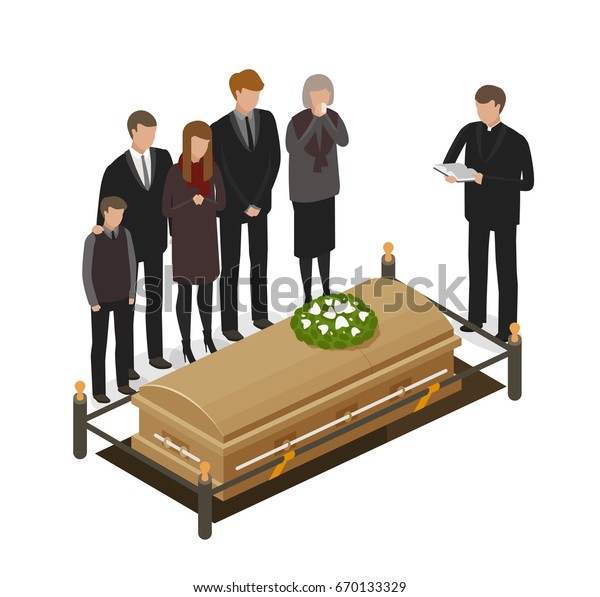 Funeral Ritual Mourning Concept Burial Grave Dead Coffin Icon Or Symbol Cartoon Vector