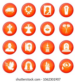 Funeral ritual service icons set vector red circle isolated on white background 