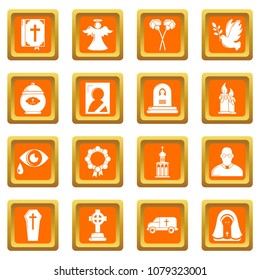 Funeral ritual service icons set vector orange square isolated on white background 