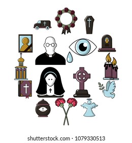 Funeral ritual service icons set. Cartoon illustration of 16 funeral ritual service vector icons for web