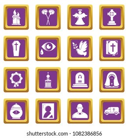 Funeral ritual service icons set vector purple square isolated on white background 