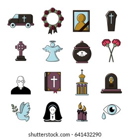 Funeral ritual service icons set. Cartoon illustration of 16 funeral ritual service vector icons for web