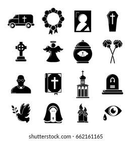 Funeral ritual service icons set. Simple illustration of 16 funeral ritual service vector icons for web