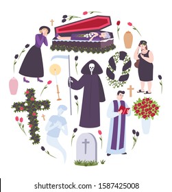 Funeral round composition with sad people headstone priest coffin with deceased isolated icons vector illustration  