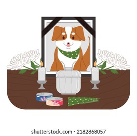 Funeral Scene Of A Dead Dog. Items That The Dog Loved While He Was Alive, The Dog's Ashes Box, And Chrysanthemums Are Placed There. Pet Death Concept Vector Illustration.