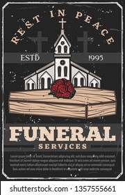 Funeral service agency vintage poster. Vector grunge burial ceremony text Rest in Peace with cemetery crosses, Christian church chapel and roses flowers bunch on wooden coffin