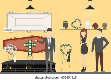 Funeral service bureau. Visitors in room with coffin.