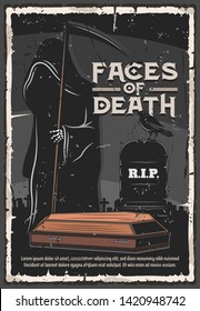 Funeral service, burial ceremony organization agency or company vintage poster. Vector death in black gown with scythe at cemetery tombstone with funeral Rest in Peace RIP text and coffin