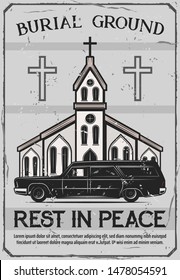 Funeral service, burial ceremony organization agency or company vintage poster. Vector funeral catafalque hearse or coffin car at Christian church with crosses and Rest in Peace RIP text