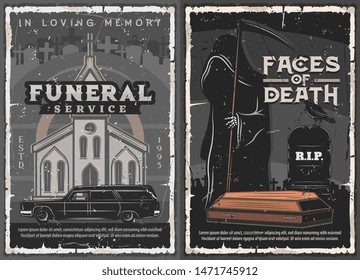 Funeral service, burial, cremation and interment ceremony vector design. Death with black coat, sickle, coffin and tombstone on cemetery, hearse car and church. Christian religion memorial rituals