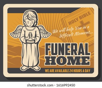 Funeral Service, Burial And Farewell Ceremony Organization Agency Retro Poster. Vector Holy Bible With Christian Crucifixion Cross And Angel In Grief, Cremation Columbarium And Funeral Hearse Services