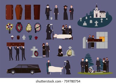 Funeral service and ceremony collection. Grieving people dressed in black mourning clothes, graves, coffins, funerary urns, hearse, cemetery, burial and cremation procedures. Vector illustration.