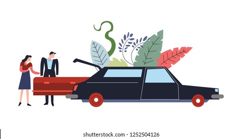 Funeral Service Ceremony Of Dead Person Burial People With Coffin Vector Car Transporting Corpse Deceased Human In Wooden Casket Mourning Man And Woman And Transport Foliage And Leaves Decor.