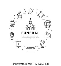 Funeral service circle poster with flat line icons. Coffin, wreath, morgue, deceased, hearse, angel, bible. Design template for funeral homes, printing, sites, posters.
