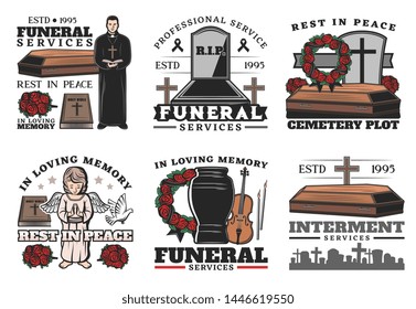 Funeral service coffin at cemetery vector icons of burial, cremation or interment ceremony design. Death memorial tombstones and crosses, urn, bible and priest, ritual flower wreath and angel statue