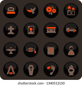 Funeral service color vector icons on dark background for user interface design