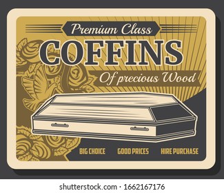 Funeral service company, premium class wood coffins vintage retro poster. Vector crematory and burial ceremony organization agency, RIP ribbons and funeral flowers wreath