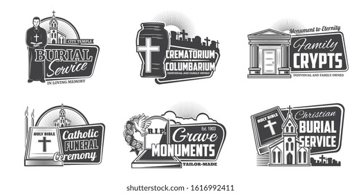 Funeral service, cremation columbarium and burial ceremony organization agency icons. Vector funeral columbarium urn, Christian cross and RIP black ribbon, funeral flowers wreath priest with bible