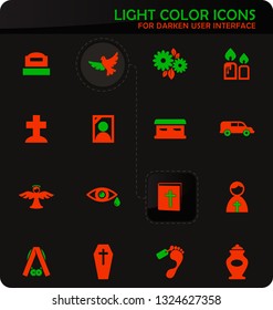 Funeral service easy color vector icons on dark background for user interface design