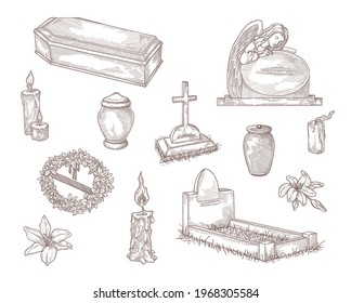 Funeral service elements hand drawn vector illustration collection. Engraved tombstone, cross, candle, stone angel and flower wreath vintage sketch. Bereavement, sorrow and cemetery concept