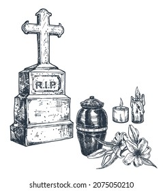 Funeral service elements hand drawn vector illustration collection. Engraved tombstone, cross, candle, and white lily flowers vintage sketch. Bereavement, sorrow and cemetery concept
