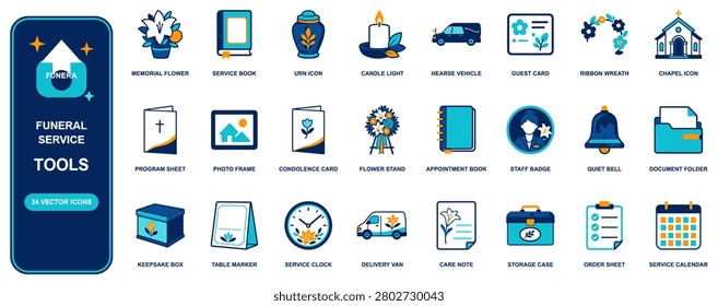Funeral Service flat icon set. 24 vector line icons: memorial flower, service book, urn, candle light, hearse vehicle, guest card, ribbon wreath. Editable isolated symbols for web, app and infographic
