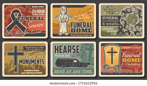 Funeral service, hearse catafalque car rental and tomb monuments fabrication, vector vintage posters. Funeral flowers wreath, RIP ribbons and cremation columbarium urns shop