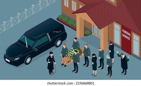 Funeral Service Isometric Background With Hearse People Carrying Coffin And Mourning Guests 3d Vector Illustration