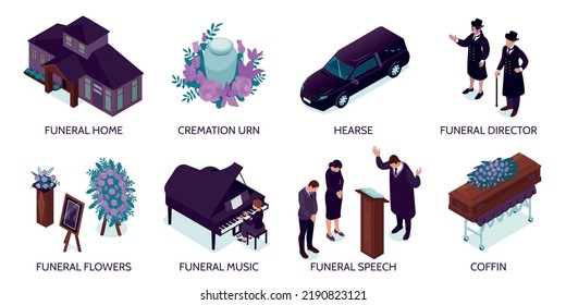 Funeral service isometric set of compositions with coffin hearse urn flowers people giving speech isolated vector illustration