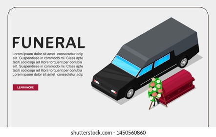 Funeral service isometric vector poster or web template on death theme. Black hearse vehicle near coffin with wreath. Burial deceased, memorial funeral ceremony planning.