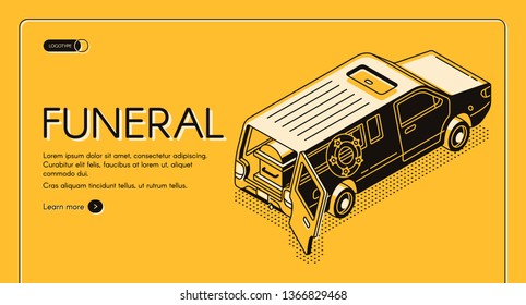 Funeral service isometric vector web banner, landing page template. Hearse vehicle with wreath, opened rear door and coffin inside line art illustration. Burial deceased, memorial ceremony planning