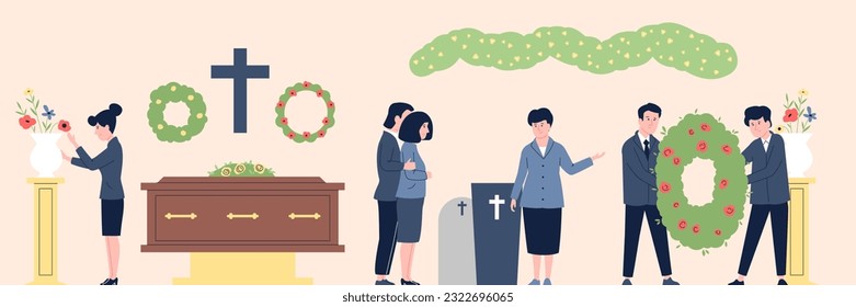 Funeral service office and cemetery workers. Coffin and memorial wreaths, sad family in mourning. Burial things and tombstones, recent vector scene