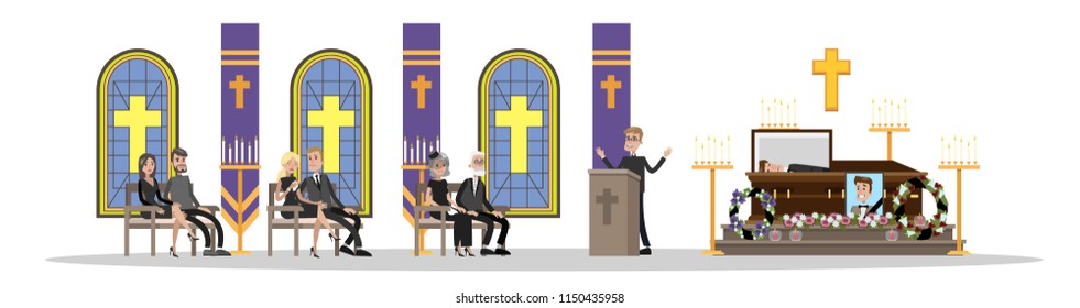 Funeral service. People in black clothes crying at the memorial ceremony in the church . Isolated vector flat illustration