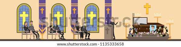 Funeral\
service in . People in black clothes crying at the memorial\
ceremony in the church . Vector flat\
illustration