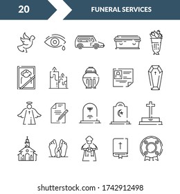 Servicio de funerales. Conjunto de iconos lineales. Wreath, ataúd, grava, fallecido, ángel, biblia, corazón. Plantilla de diseño para agencias funerarias, sitios web, impresión.