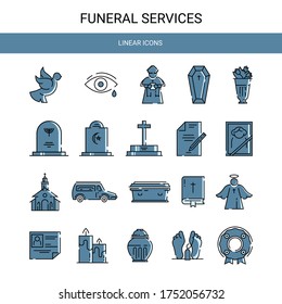 Funeral service. Set of linear icons. Wreath, coffin, gravestone, deceased, angel, bible, hearse. Design template for funeral agencies, sites, printing.