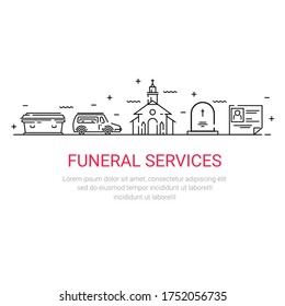 Funeral service. Simple illustration in a linear style. Coffin, hearse, church, tombstone, obituary. Design template for funeral homes, printing, web sites.