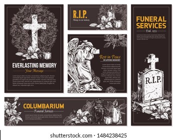 Funeral service vector hand drawn set of banners. Sketch black illustration for condolence card and advertising of columbarium and cemetry with urn for ashes, vintage tombstone angel. Rip massage