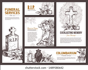 Funeral service vector hand drawn design banners. Sketch illustration for condolence card and advertising of columbarium and cemetry with urn for ashes, vintage tombstone angel, wreath, stone cross