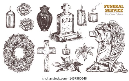 Funeral service vector hand drawn set. Attributes and symbols of condolence, loss, dead, bereavement and cemetry. Sketch of vintage stone angel, tombstone, urn, cross, resurrection