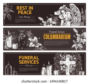 Funeral service vector hand drawn design of horizontal banners. Sketch illustration for condolence card and advertising of columbarium and cemetry with urn for ashes, vintage tombstone angel, wreath