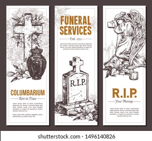 Funeral service vector hand drawn design of banners. Sketch illustration for condolence card and advertising of columbarium and cemetry with urn for ashes, vintage tombstone angel, wreath, cross