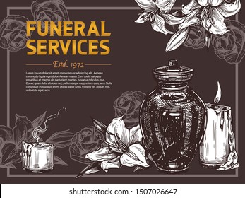 Funeral service vector hand drawn design of poster. Sketch illustration for condolence card and advertising of columbarium and cemetry with urn for ashes, flowers, candels and white lilies