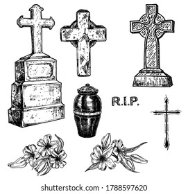 Funeral service vector hand drawn set. Attributes and symbols of condolence, loss, death, bereavement and cemetery. Collection of sketches old cemetery tomb isolated on white. For halloween or funeral