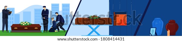 Funeral service vector illustration. Cartoon\
flat ritual ceremonial group of sad people standing near coffin in\
graveyard cemetery, cremation urns and burial ceremony in\
crematory, funerary\
background