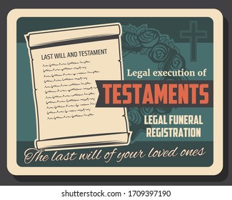 Funeral service, will and testament execution vector design of burial, cremation and interment. Memorial ceremony flower wreath with black ribbon, religious cross and bequest document