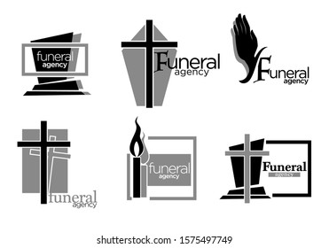 Funeral services agency isolated icons, gravestone and cross or candle vector. Burring process and interment arrangement emblems or logo, mourning symbols. Death rituals and cemetery tombstones