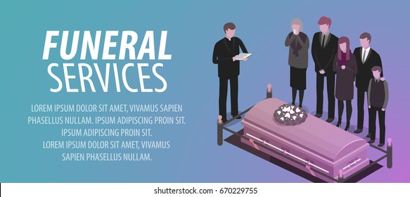 Funeral services banner. Burial, cemetery, graveyard, rip, death concept. Vector illustration