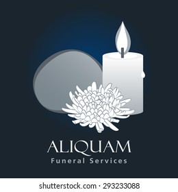 Funeral Services business sign vector template. Funeral ceremony invitation card concept with traditional Jewish symbols: stone & candle. Funeral Home web site or business card elements. Sample text.