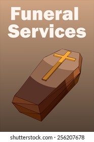 Funeral Services Card with a Coffin, Vector Illustration.